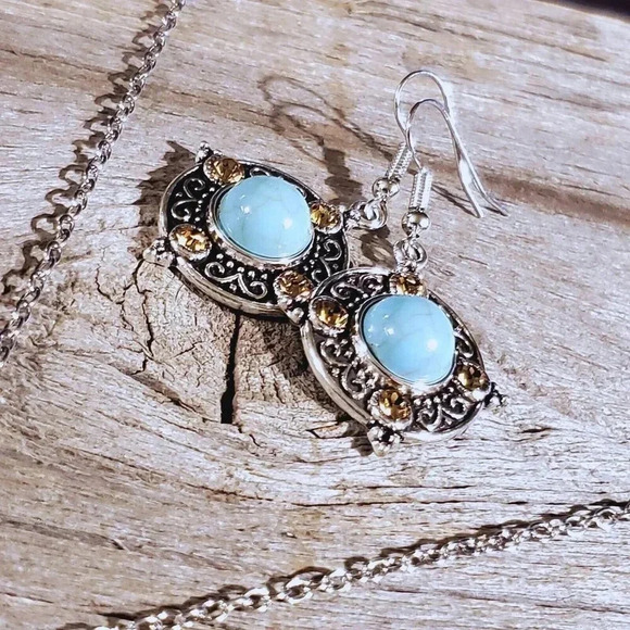 Topaz Crystal Turquoise Blue Stone Silver Chain Necklace Earrings Jewelry Set - Picture 16 of 16